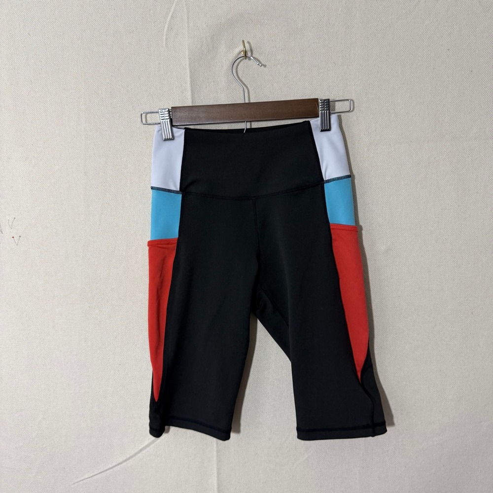 New York & Company Women XS High Waisted Biker Shorts Colorblock Black Blue Red